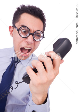 Crazy man with phone on white Crazy man with phone on white 16340300