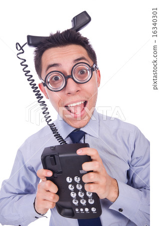Crazy man with phone on white Crazy man with phone on white 16340301