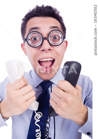 Crazy man with phone on white Crazy man with phone on white 16340302