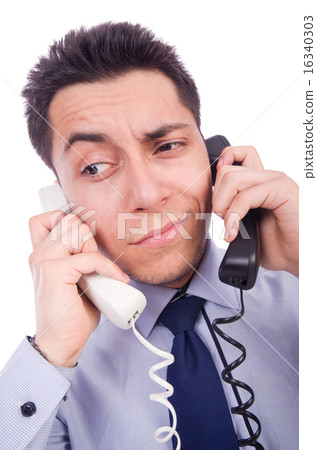 Crazy man with phone on white Crazy man with phone on white 16340303