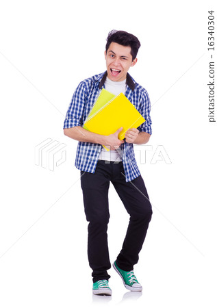Student with lots of books on white 16340304