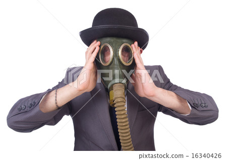 Businessman wearing gas mask isolated on white 16340426