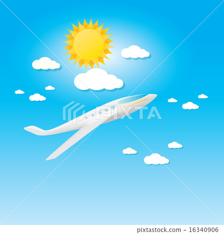 airplane in blue sky with sun and clouds. airplane in blue sky with sun and clouds. 16340906