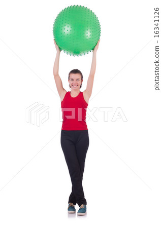 Young woman with ball exercising on white 16341126