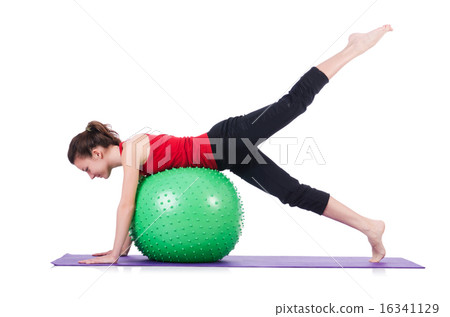 Young woman with ball exercising on white Young woman with ball exercising on white 16341129