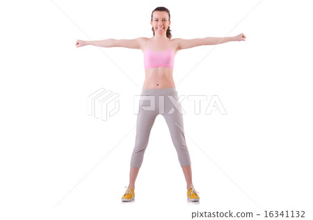 Young woman doing exercises on white Young woman doing exercises on white 16341132