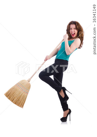 Young woman with broom isolated on white Young woman with broom isolated on white 16341149