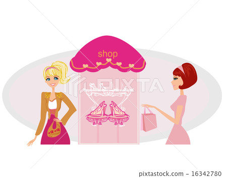 Fashion girls shopping in shoe shop Fashion girls shopping in shoe shop 16342780