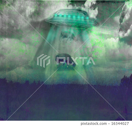 Image of a UFO levitating a cow with a night sky Image of a UFO levitating a cow with a night sky 16344027
