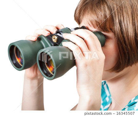girl watching through binoculars isolated on white 16345507