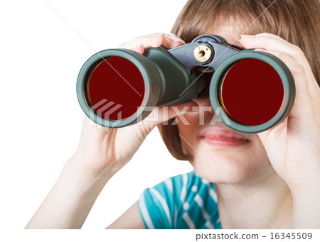 front view of girl looks through field glasses front view of girl looks through field glasses 16345509