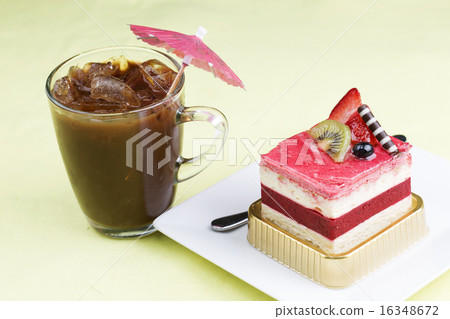 Strawberry Mousse Cake and Ice Coffee Strawberry Mousse Cake and Ice Coffee 16348672