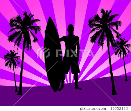 Illustration of surfer with surf board and palms Illustration of surfer with surf board and palms 16352153