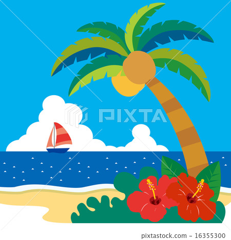 Tropical, beach with palm tree and hibiscus 02 16355300