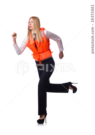 Young woman with life vest on white 16355881