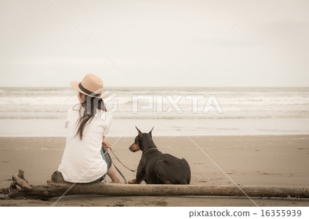 A woman sitting on a beach with a dog 16355939