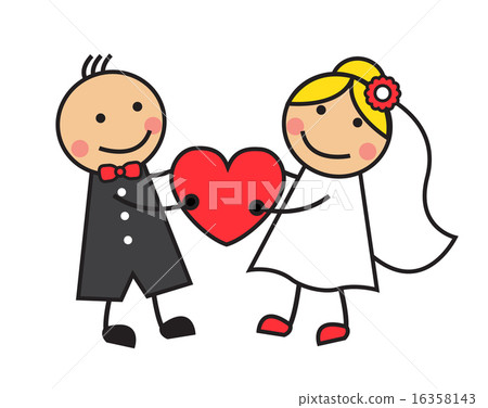 Cartoon bride and groom are holding heart Cartoon bride and groom are holding heart 16358143