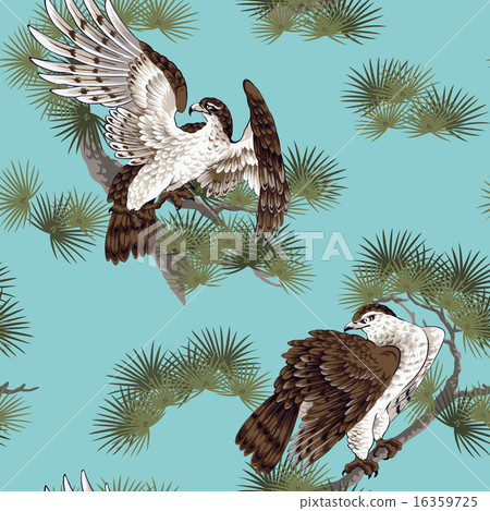 Japanese painting on hawk pine - Stock Illustration