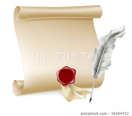 Quill pen and scroll with wax seal Quill pen and scroll with wax seal 16364552