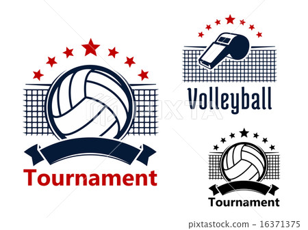 Volleyball emblems with balls, whistle and nets 16371375