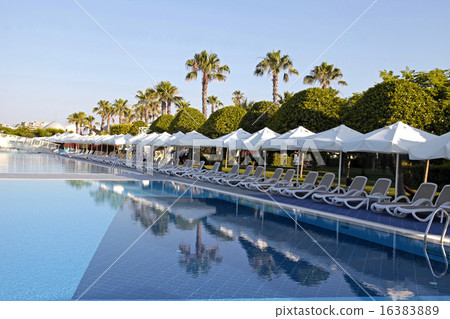 Hotel swimming pool with empty sun loungers Hotel swimming pool with empty sun loungers 16383889