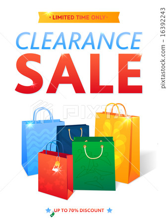Clearance Sale Poster with percent discount. Illustration of paper shopping bags and lights. Clearance Sale Poster with percent discount. Illustration of paper shopping bags and lights. 16392243