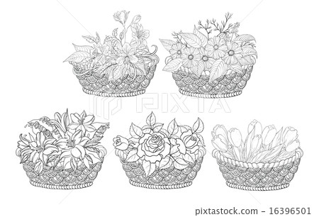 Baskets with flowers set, outline Baskets with flowers set, outline 16396501