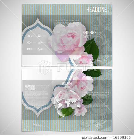 Vector set of tri-fold brochure design template on both sides with world globe element. Pink flowers Vector set of tri-fold brochure design template on both sides with world globe element. Pink flowers 16399395