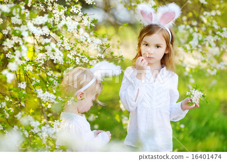 Two little sisters wearing bunny ears on Easter Two little sisters wearing bunny ears on Easter 16401474