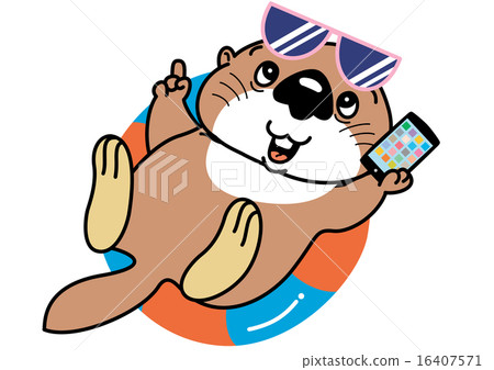 Sea otters playing smartphones on floating rings Sea otters playing smartphones on floating rings 16407571