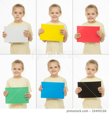 Collage of six portraits girls with different colored monochromatic cards 16409188