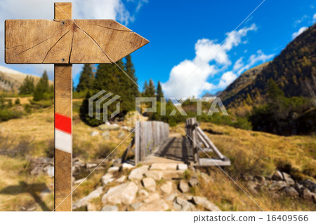 Wooden Directional Trail Sign in Mountain 16409566