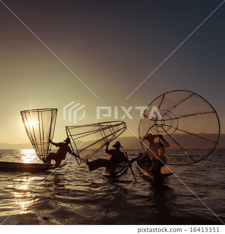 Burmese fisherman catching fish in traditional way Burmese fisherman catching fish in traditional way 16413351