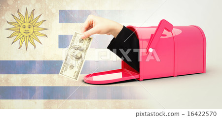 Composite image of businesswomans hand holding hundred dollar bi 16422570