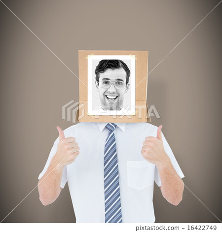 Composite image of businessman with photo box on head 16422749