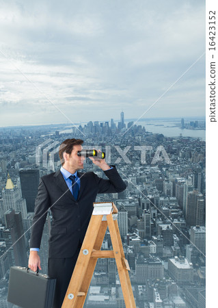 Composite image of businessman looking on a ladder 16423152