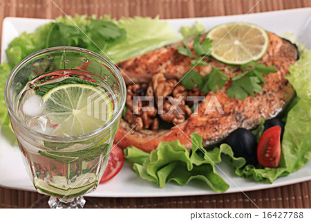 grilled salmon with salad and nuts grilled salmon with salad and nuts 16427788
