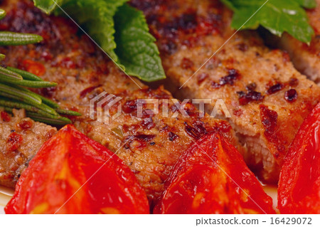 fried meat with greens macro fried meat with greens macro 16429072