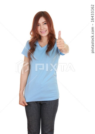 woman in blank t-shirt with thumbs up 16433162