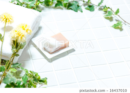 Bath image (tile, soap, potted soap dish, towel, ivy, flowers) 16437010