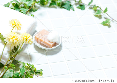 Bath image (tile, soap, potted soap dish, towel, ivy, flowers) 16437013