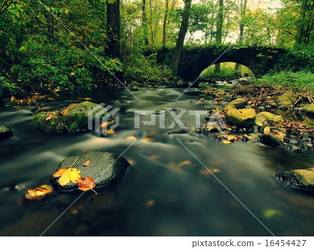 Old stony bridge. Autumn river. Water of stream  16454427