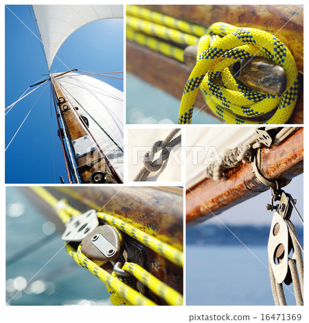 Collage of old sailing boat equipment -mast,sails Collage of old sailing boat equipment -mast,sails 16471369