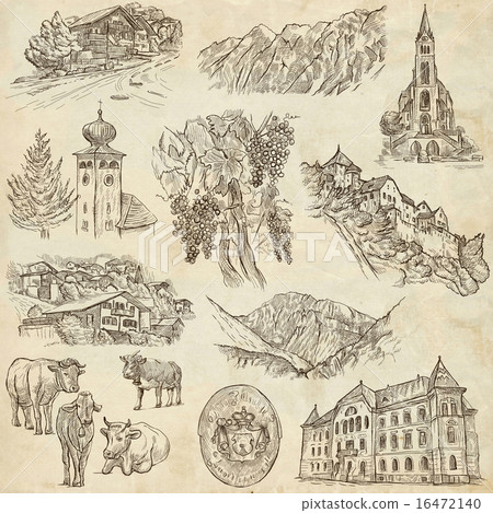 Travel - Liechtenstein. Hand drawings on paper. Travel - Liechtenstein. Hand drawings on paper. 16472140