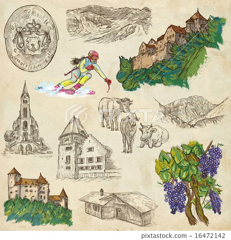Travel - Liechtenstein. Hand drawings on paper. Travel - Liechtenstein. Hand drawings on paper. 16472142