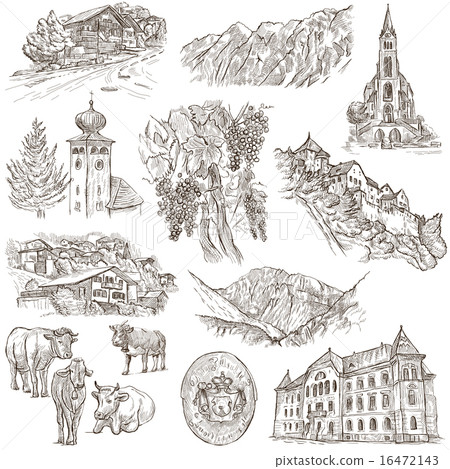 Travel - Liechtenstein. Hand drawings on white. Travel - Liechtenstein. Hand drawings on white. 16472143