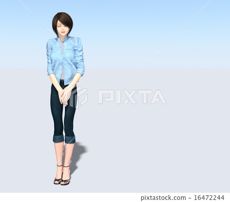 有藍色襯衣和牛仔褲的少婦燙髮3DCG例證材料 16472244