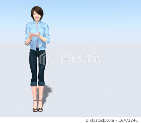 Young woman with blue shirt and jeans perming 3DCG illustration material 16472246