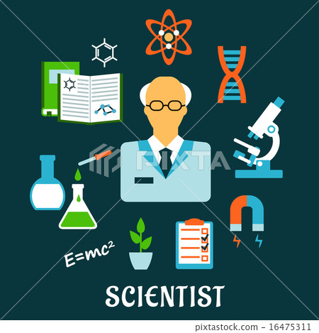 Scientist with research and science flat icons Scientist with research and science flat icons 16475311
