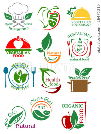 Vegetarian and natural healthy food emblems Vegetarian and natural healthy food emblems 16475319